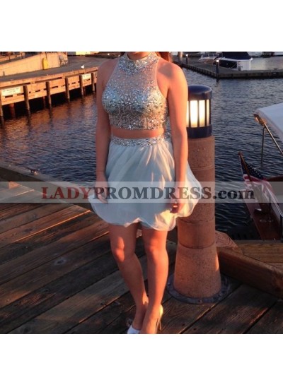 Halter Sleeveless Blue Two Pieces Beading Rhinestone Chiffon Pleated Short Homecoming Dresses