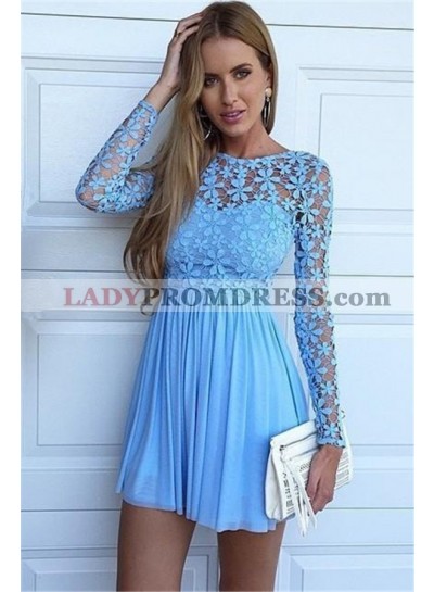 Jewel Long Sleeve Blue Lace Hollow A Line Chiffon Flowers Pleated Homecoming Dresses