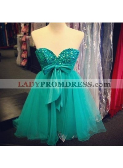 Strapless Sweetheart Bowknot Hunter A Line Tulle Pleated Backless Homecoming Dresses