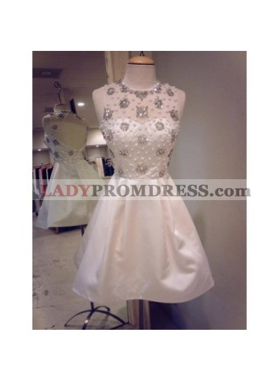 Jewel Sleeveless Ivory A Line Taffeta Pleated Beading Backless Sheer Homecoming Dresses
