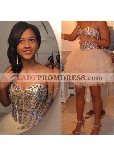 Organza Pleated Ivory Strapless Sweetheart Rhinestone Ball Gown Short Homecoming Dresses