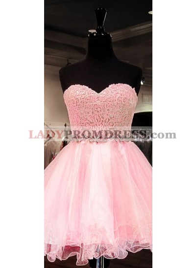 Pink A Line Strapless Sweetheart Appliques Organza Pleated Backless Homecoming Dresses