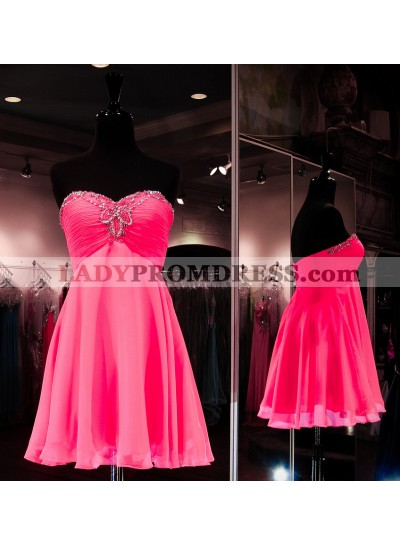 Strapless Sweetheart A Line Pleated Backless Fuchsia Chiffon Ruched Homecoming Dresses