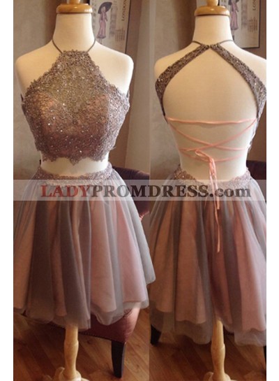 Halter Backless Sleeveless Straps A Line Tulle Pleated Two Pieces Homecoming Dresses