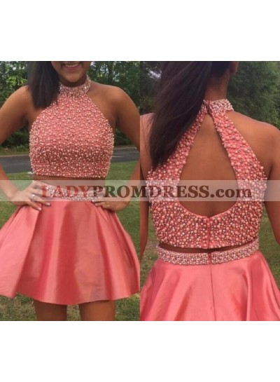 Halter Sleeveless Two Pieces Cut Out Beading A Line Taffeta Short Pleated Homecoming Dresses