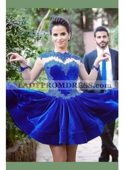 Jewel Long Sleeve A Line Royal Blue Satin Beading Appliques Short Homecoming Dresses