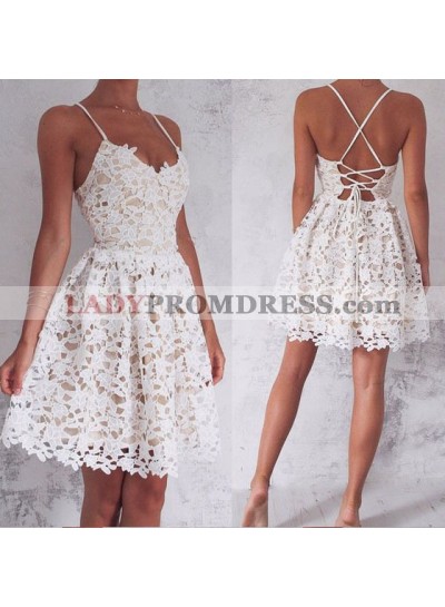 Lace Spaghetti Straps V Neck Criss Cross Backless A Line Pleated Short Homecoming Dresses