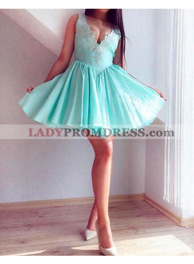 Turquoise A Line Sleeveless Deep V Neck Sheer Pleated Taffeta Appliques Homecoming Dresses