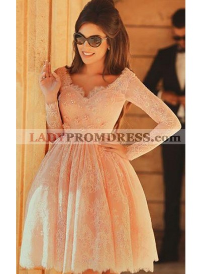 Long Sleeve V Neck Lace Appliques Ball Gown Pleated Flowers Homecoming Dresses