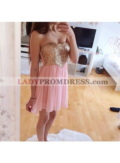 A Line Strapless Sweetheart Pink Chiffon Pleated Short Sequins Homecoming Dresses