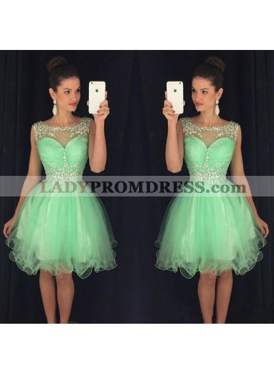 Organza Green Scoop Sleeveless Appliques Ball Gown Pleated Sheer Homecoming Dresses