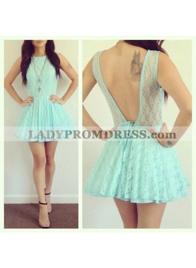 Backless Jewel Sleeveless A Line Lace Pleated Blue Hollow Short Homecoming Dresses