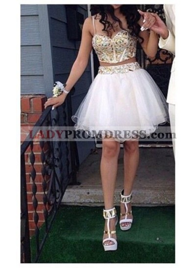 Spaghetti Straps Two Pieces Rhinestone Organza White Sweetheart A Line Homecoming Dresses