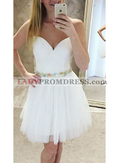 Deep V Neck Sleeveless Strapless A Line Tulle Pleated Ivory Homecoming Dresses