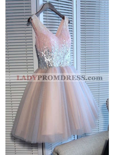 Deep V Neck Sleeveless Sequins Ball Gown Sparkle Tulle Pleated Homecoming Dresses