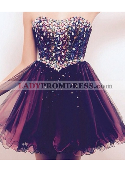 Strapless Sweetheart Grape A Line Pleated Organza Beading Short Homecoming Dresses