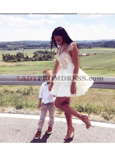 Appliques High Neck Ivory Ball Gown Tiered Pleated Short Sleeveless Homecoming Dresses