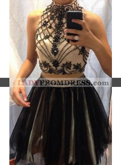 Halter Sleeveless A Line Beading Two Pieces Tulle Pleated Homecoming Dresses
