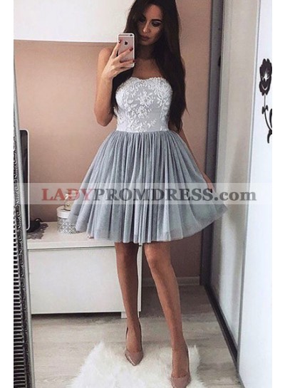 Strapless Sweetheart Appliques A Line Tulle Pleated Grey Short Homecoming Dresses