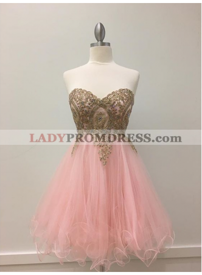 Pink Strapless Sweetheart Pink Organza Pleated Appliques Beading Homecoming Dresses