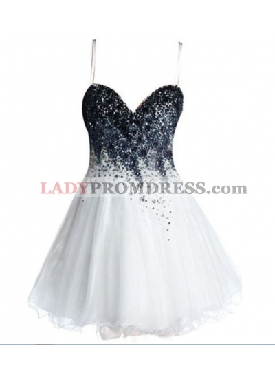 White Sweetheart Spaghetti Straps Sexy A Line Organza Pleated Beading Homecoming Dresses