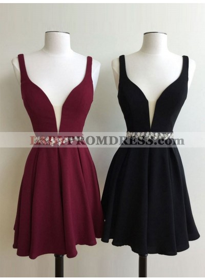 Chiffon A Line Deep V Neck Sleeveless Pleated Beading Homecoming Dresses