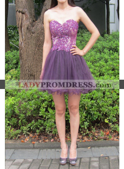 Lilac Strapless Sweetheart Appliques A Line Organza Pleated Homecoming Dresses