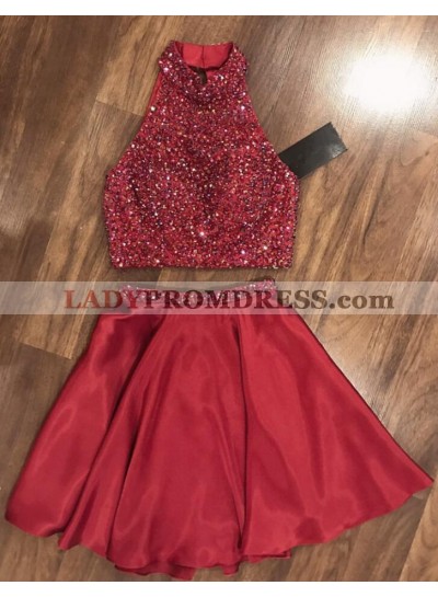 Halter Sleeveless Red A Line Two Pieces Beading Satin Pleated Short Homecoming Dresses
