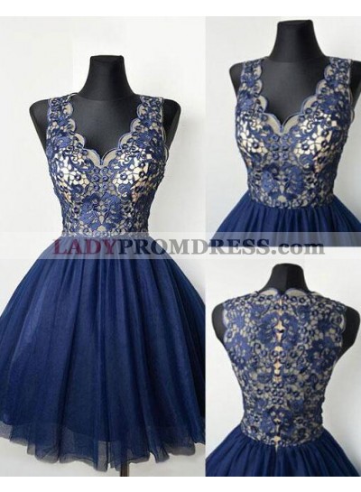 V Neck Sleeveless Appliques Tulle Pleated A Line Navy Blue Homecoming Dresses