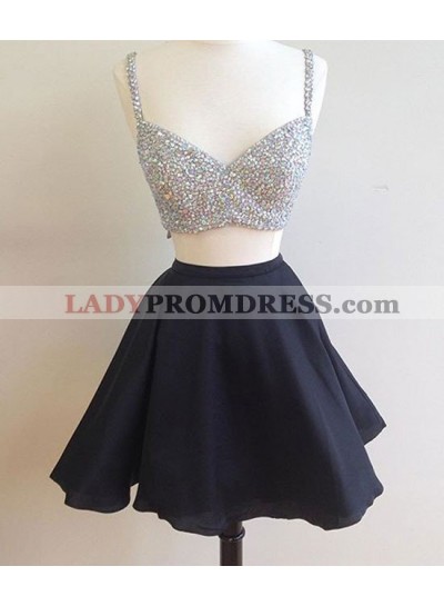 Beading A Line Chiffon Spaghetti Straps V Neck Two Pieces Short Homecoming Dresses