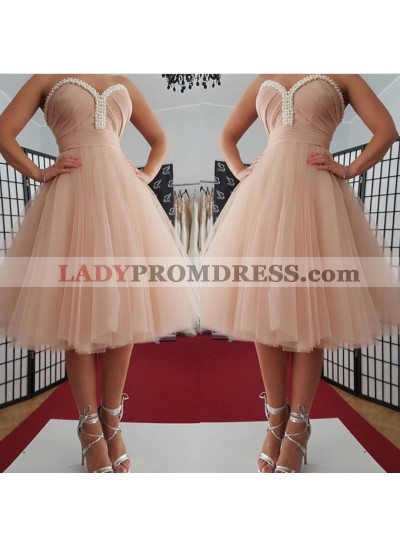 Pearls Strapless Sweetheart Backless A Line Tulle Pleated Ruched Homecoming Dresses
