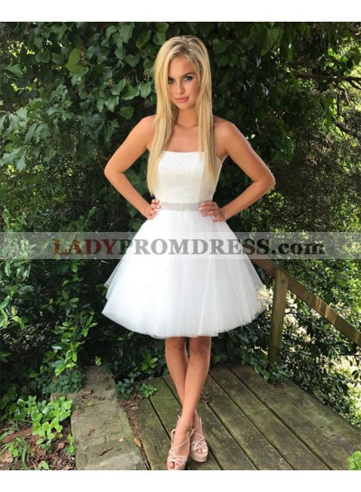 Strapless A Line Beading Tulle Pleated Sexy Simple Knee Length Homecoming Dresses
