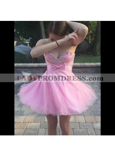 Organza Pink Strapless Sweetheart Rhinestone Bowknot Backless Short Homecoming Dresses