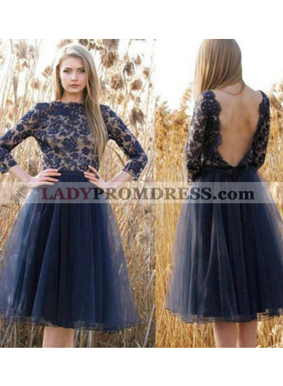 Jewel Long Sleeve Dark Navy Lace Backless Flowers A Line Tulle Pleated Homecoming Dresses