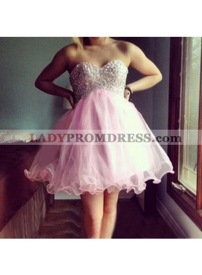 Pink Organza Pleated A Line Strapless Sweetheart Beading Short Homecoming Dresses