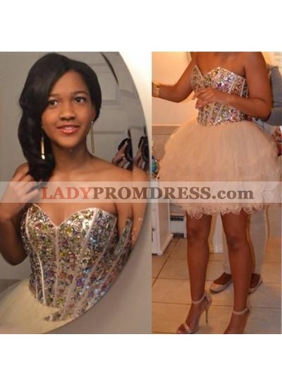 Strapless Sweetheart Ball Gown Organza Rhinestone Ivory Short Homecoming Dresses