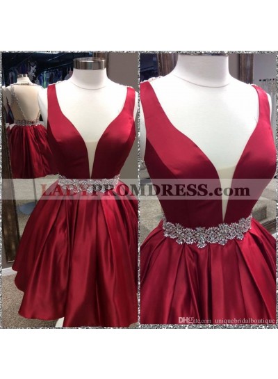 Deep V Neck Sleeveless Burgundy Ball Gown Pleated Satin Backless Homecoming Dresses