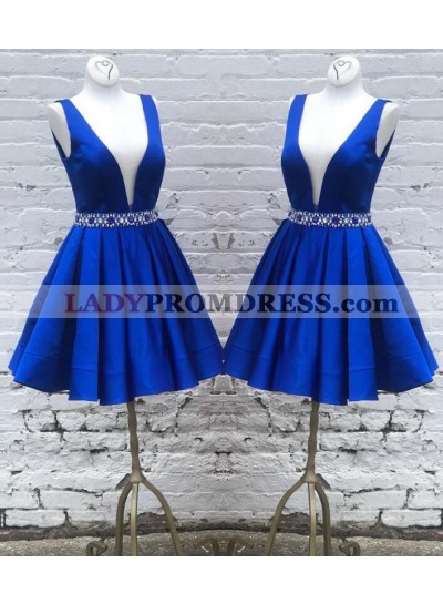 Deep V Neck Royal Blue Sleeveless A Line Pleated Satin Rhinestone Homecoming Dresses 