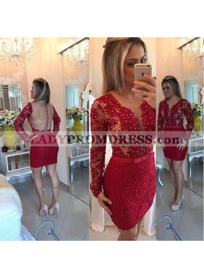 Long Sleeve Lace Scoop Sheath Burgundy Sheer Back Beading Short Homecoming Dresses