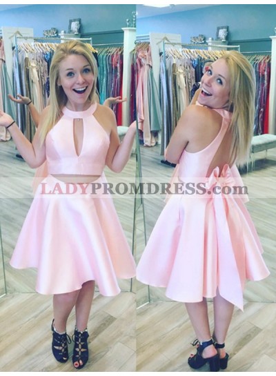 Halter Backless Sleeveless Two Pieces Pleated Satin Short Cut Out Homecoming Dresses