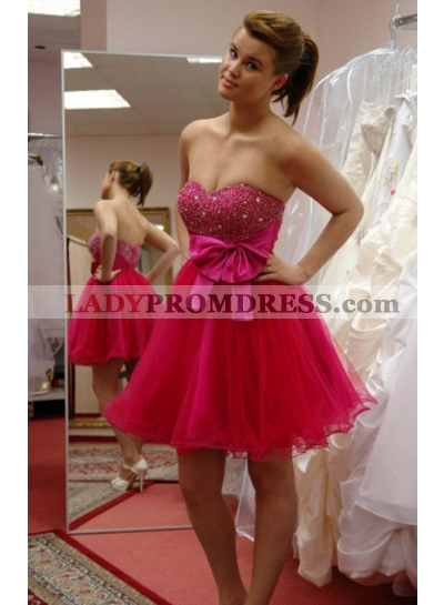 Sweetheart Backless Fuchsia Beading Bowknot Ball Gown Organza Homecoming Dresses