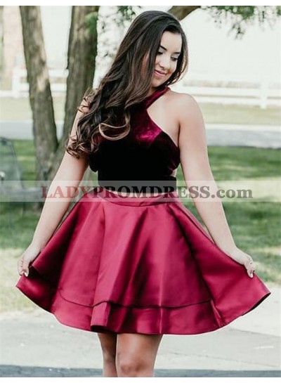 Halter Sleeveless Two Pieces Satin Burgundy Pleated Short Homecoming Dresses