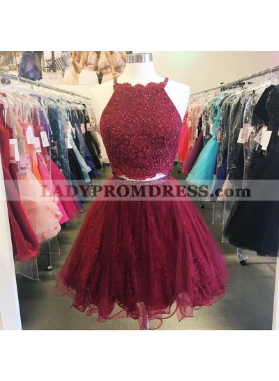 Burgundy Halter Sleeveless Two Pieces A Line Appliques Lace Organza Homecoming Dresses