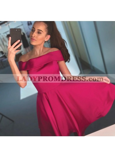 Off The shoulder Fuchsia Short Sleeve A Line Pleated Taffeta Simple Homecoming Dresses