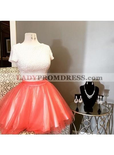 Beading Short Sleeve Two Pieces Tulle Backless Jewel Short Homecoming Dresses