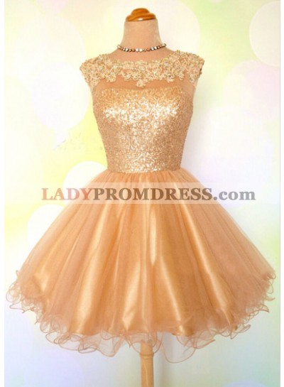Cap Sleeve Jewel Appliques Sequins Sheer A Line Gold Organza Backless Homecoming Dresses