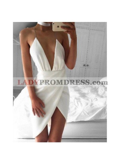 Spaghetti Straps Deep V Neck White Side Split Short Satin Homecoming Dresses
