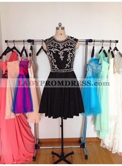 Jewel Sleeveless A Line Satin Pleated Appliques Beading Black Short Homecoming Dresses