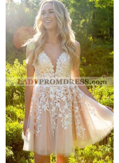 Spaghetti Straps Ivory V Neck Lace A Line Appliques Tulle Beading Mini Homecoming Dresses