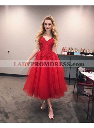Ball Gown V Neck Spaghetti Straps Tulle Pleated Red Lace Appliques Homecoming Dresses